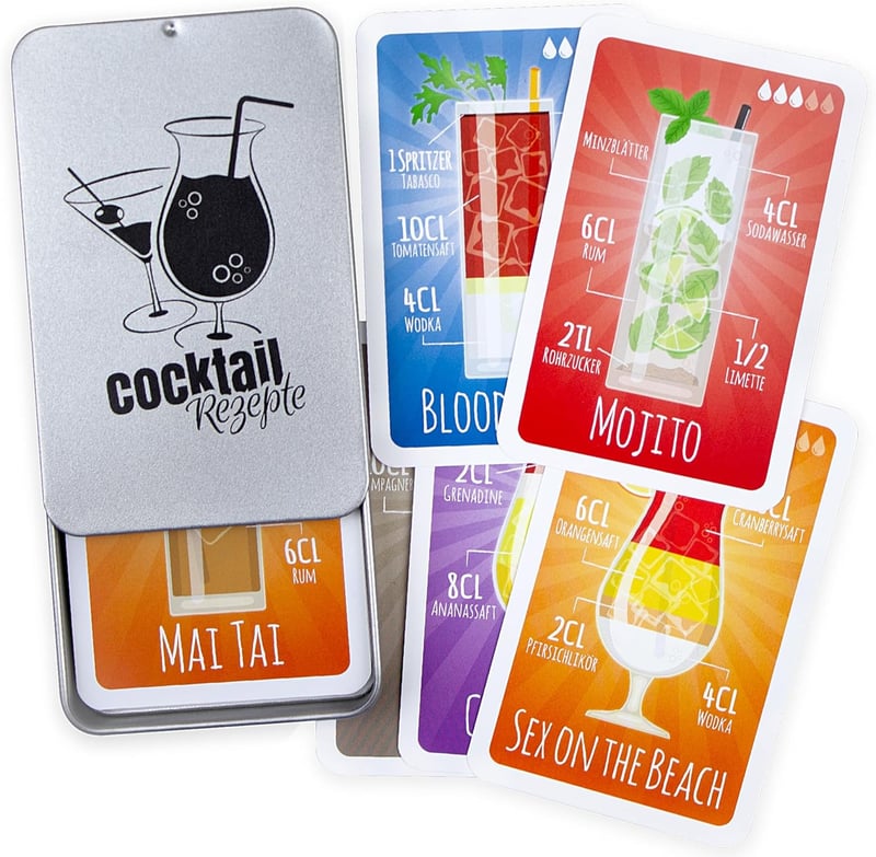 Cocktail-Rezepte-Set in Metalldose: 30 Karten auf Deutsch