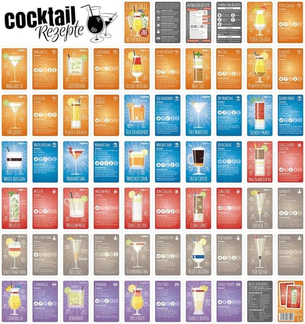 Cocktail-Rezepte-Set in Metalldose: 30 Karten auf Deutsch