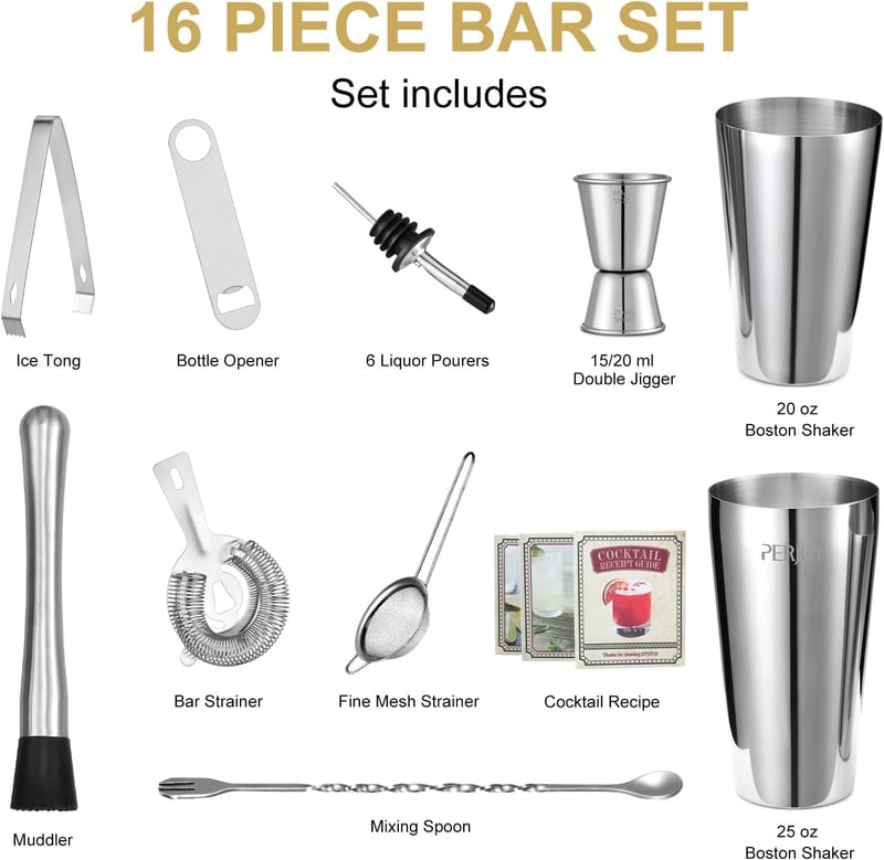Cocktail Set mit Shaker, Jigger und Barwerkzeug - 16 Teile