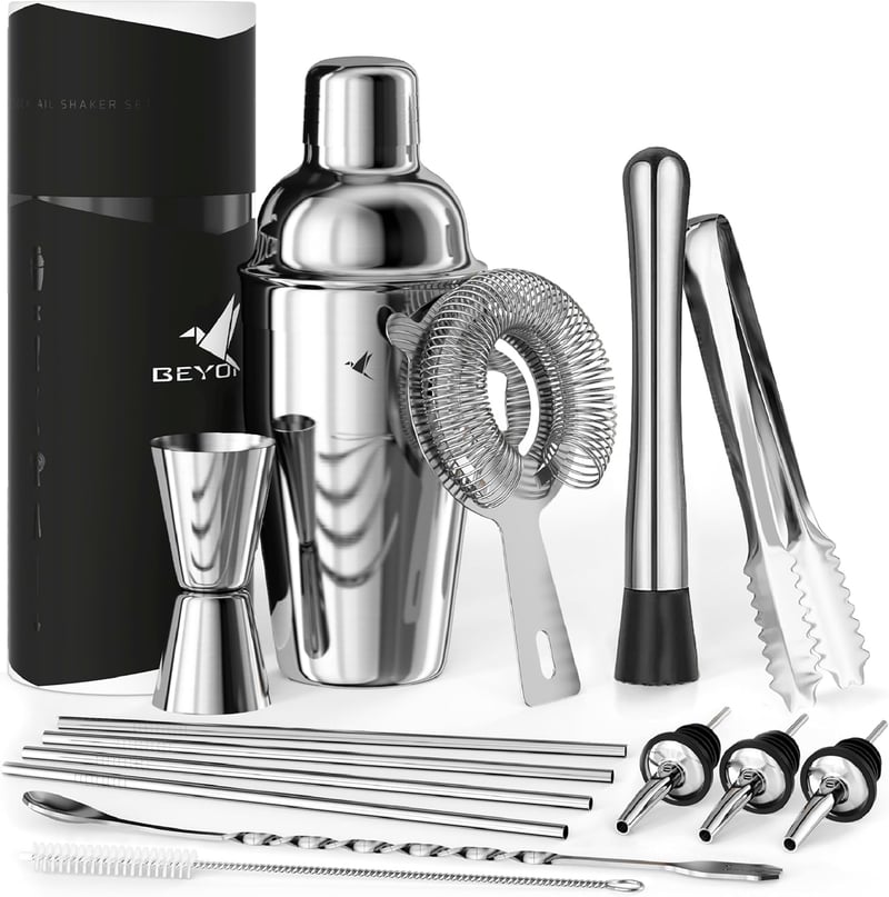 Edelstahl Cocktail Shaker Set mit Bar Zubehör in Geschenkbox