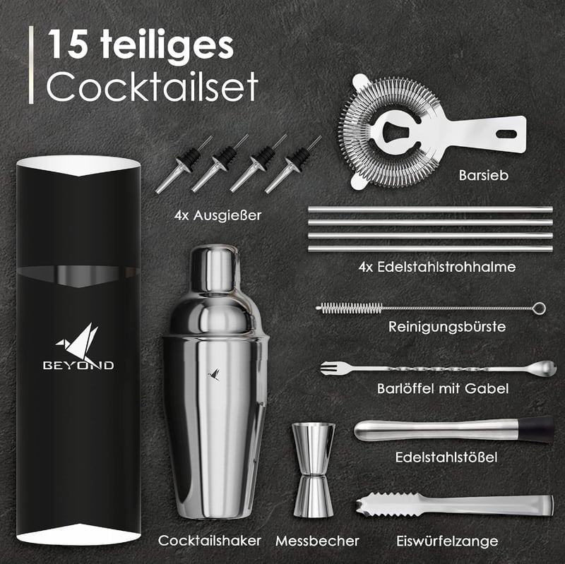 Edelstahl Cocktail Shaker Set mit Bar Zubehör in Geschenkbox