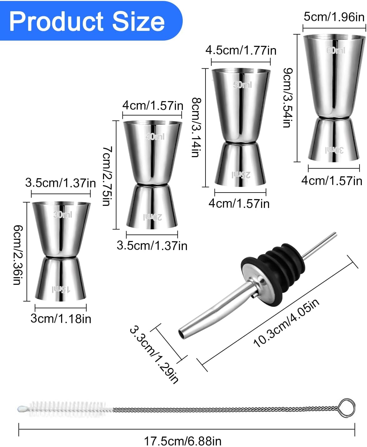 Edelstahl Cocktail Messbecher Set mit 4 Ausgießern für Partys