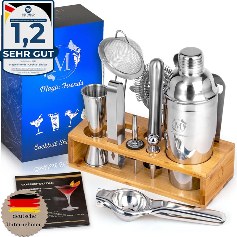 Magic Friends® 16-teiliges Cocktail Shaker Set aus Edelstahl mit Holzständer