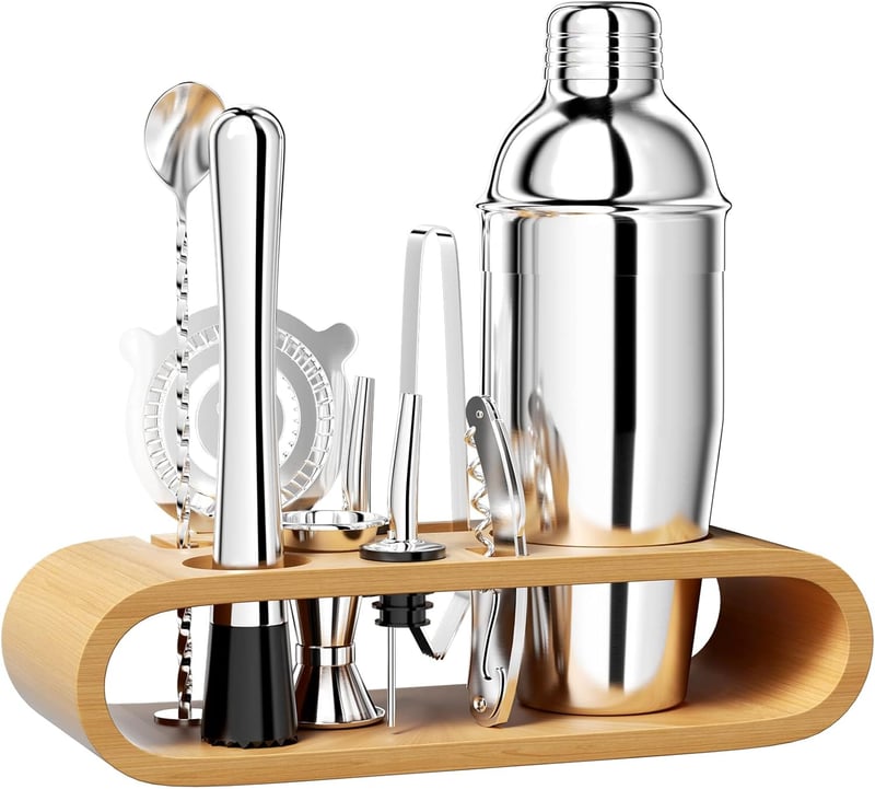 Cocktailset 750 ML, 10-teilig aus Edelstahl mit Holzständer für Zuhause und Partys