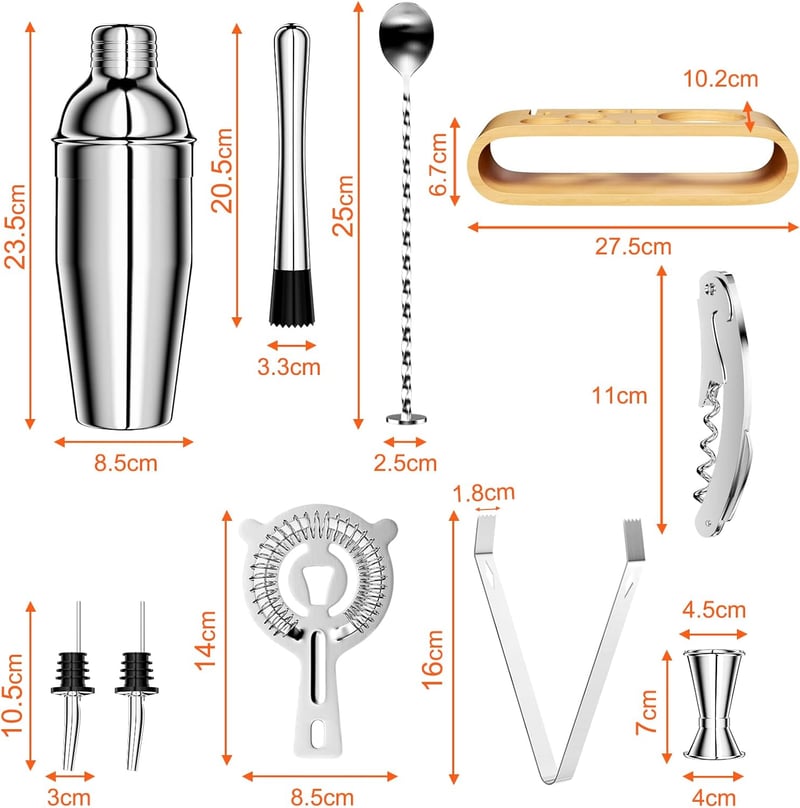 Cocktailset 750 ML, 10-teilig aus Edelstahl mit Holzständer für Zuhause und Partys