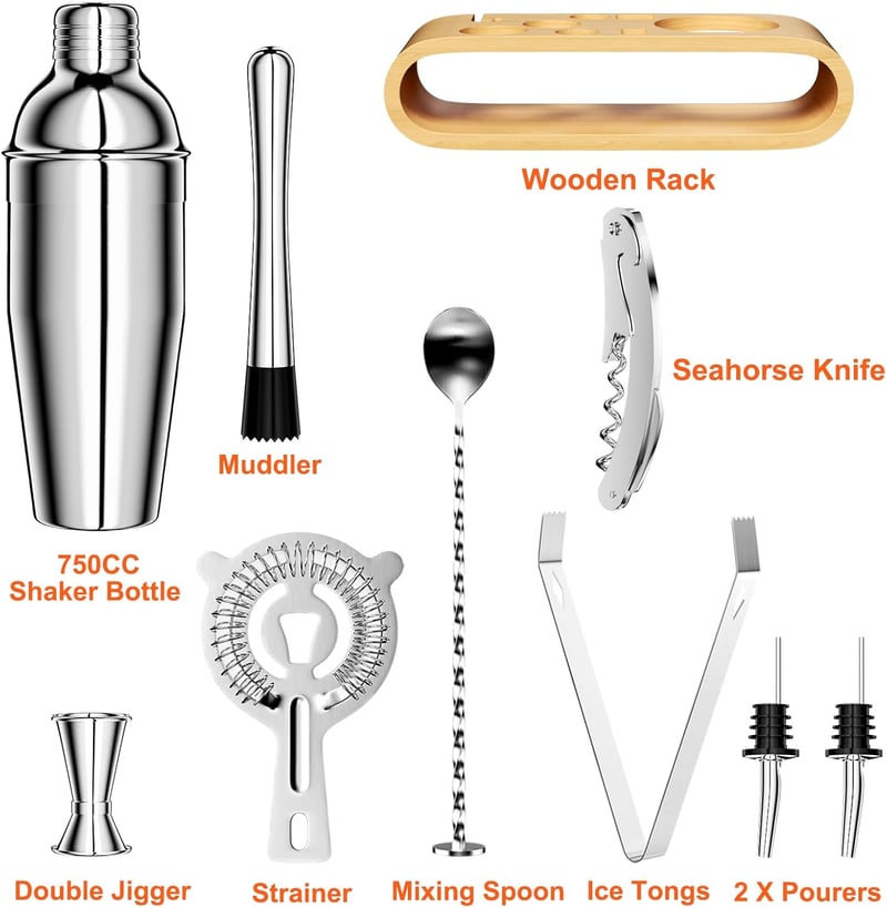 Cocktailset 750 ML, 10-teilig aus Edelstahl mit Holzständer für Zuhause und Partys