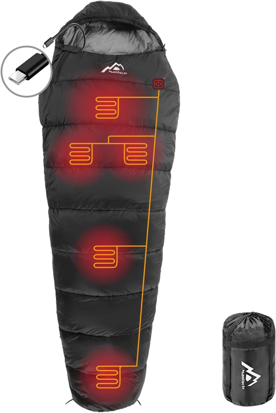 Beheizter Schlafsack im Mumien-Stil mit 5-teiligem USB-Set