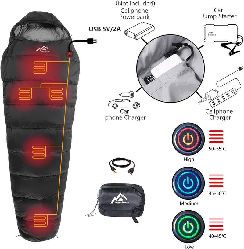 Beheizter Schlafsack im Mumien-Stil mit 5-teiligem USB-Set