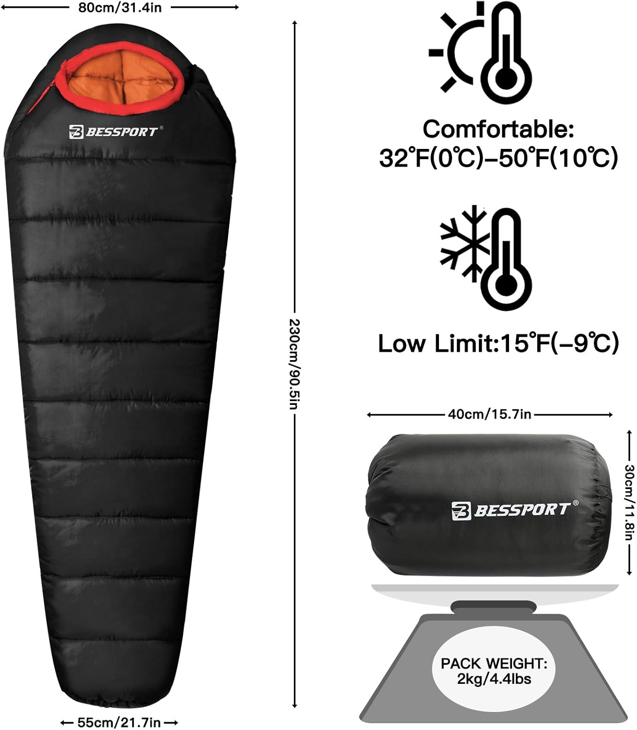 Bessport Mumienschlafsack 4 Jahreszeiten -10 bis 15℃, wasserabweisend für Camping