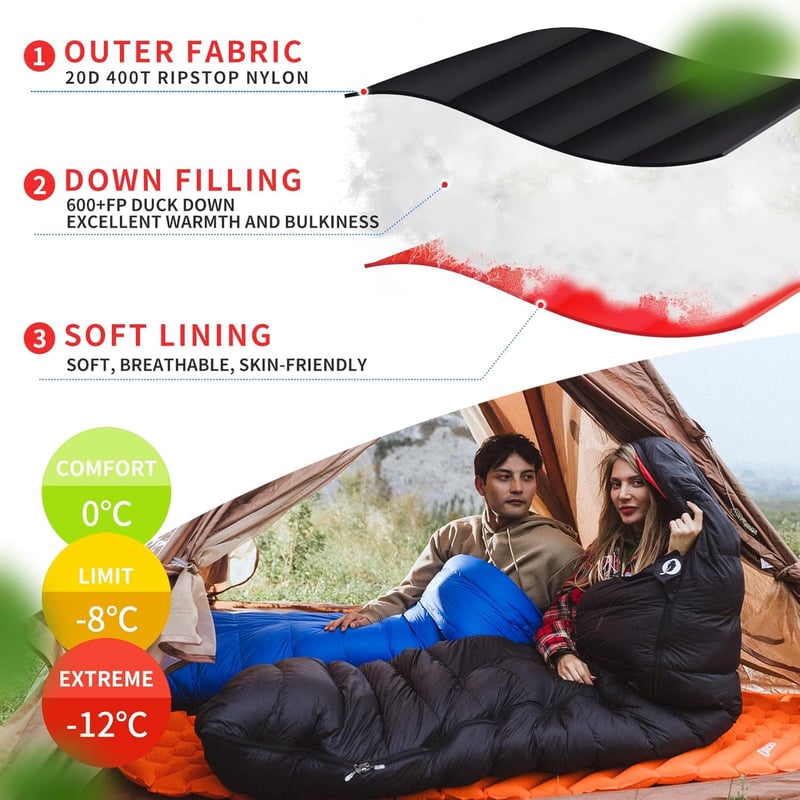 Warmer Daunenschlafsack für Camping bei -8°C bis -23°C