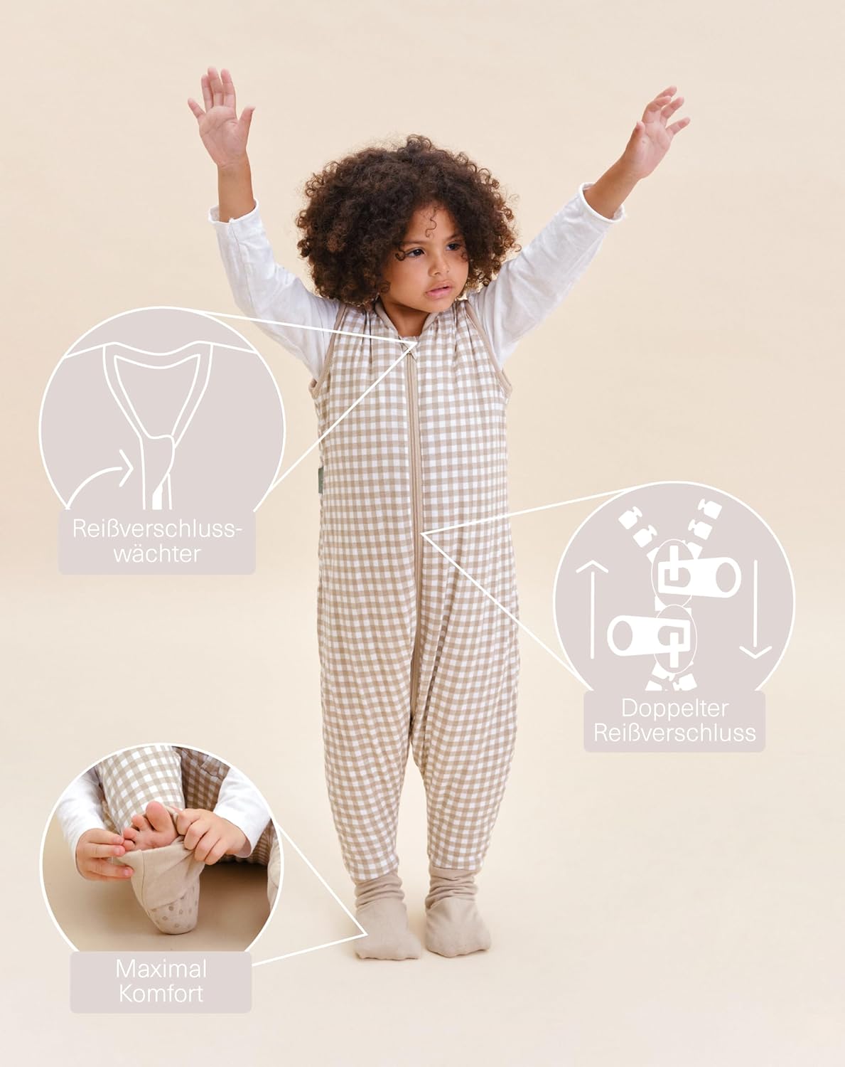 Baby Schlafsack mit Füßen, 100% Baumwolle, 2,5 tog, Vichy Beige (70 cm)