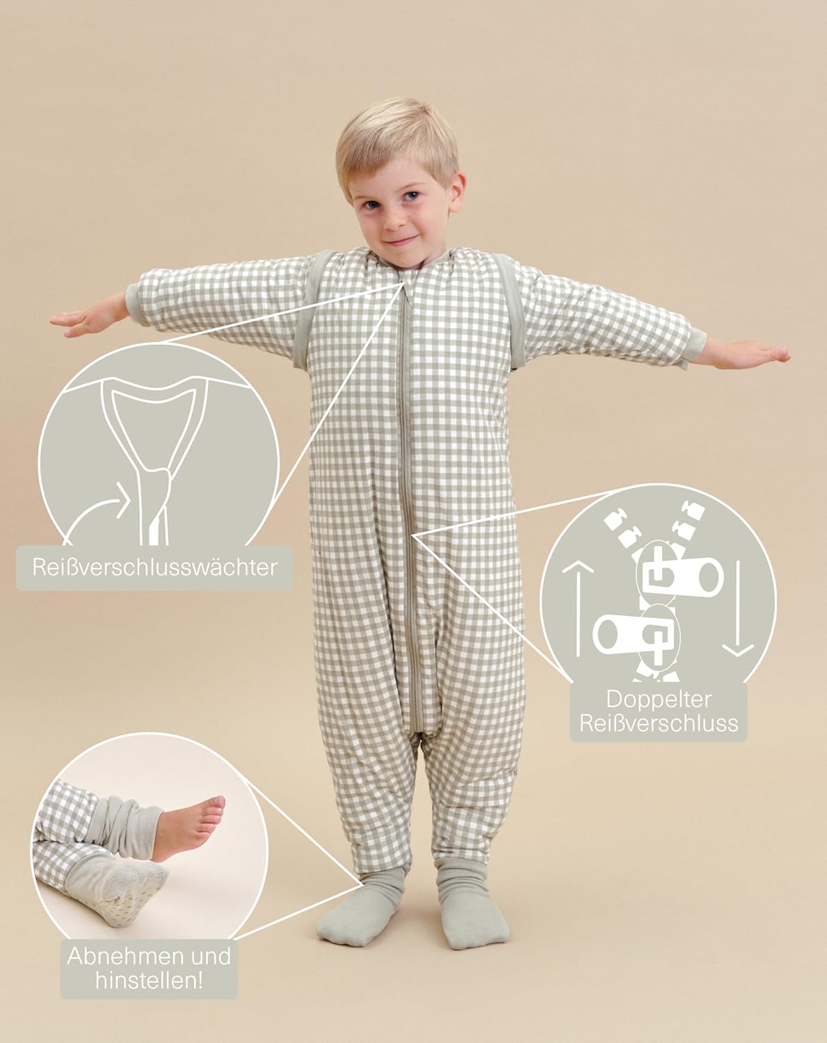 Baby-Schlafsack mit Füßen und abnehmbaren Ärmeln, 100% Baumwolle, Mint Tea, 120 cm