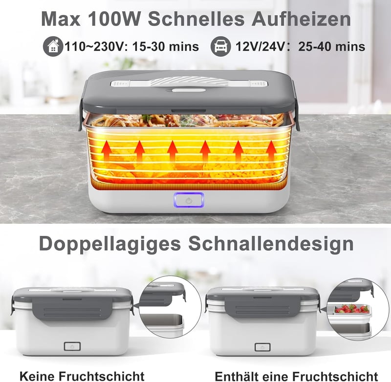 Elektrische 3-in-1 Lunchbox für Erwachsene, 1.8L, auslaufsicher, inkl. Besteck