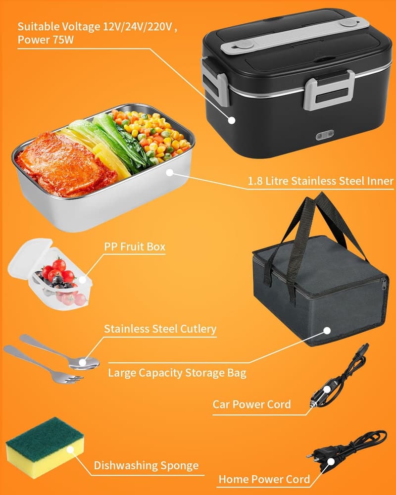 Elektrische Lunchbox 3-in-1 1,8 L für Erwachsene mit Besteck und Isolierbeutel