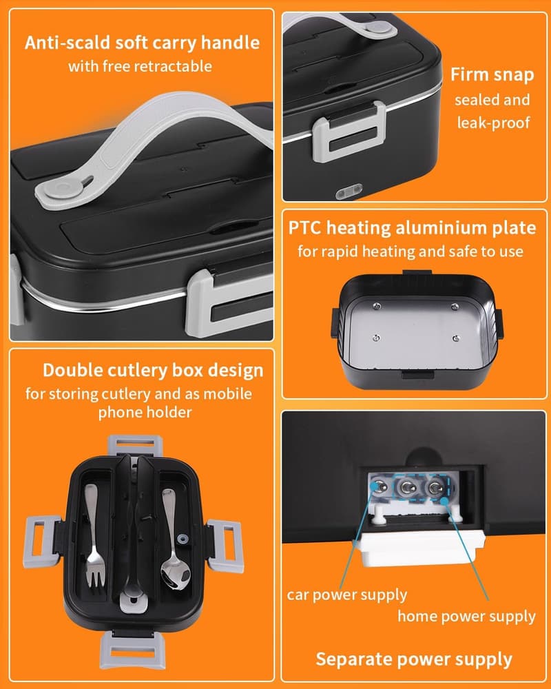 Elektrische Lunchbox 3-in-1 1,8 L für Erwachsene mit Besteck und Isolierbeutel