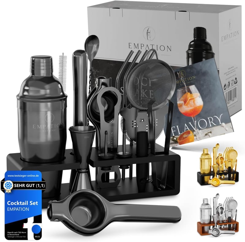 Profi Cocktail Set Schwarz mit 700ml Edelstahl Shaker und Rezeptbuch