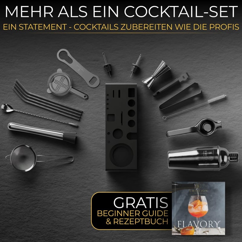 Profi Cocktail Set Schwarz mit 700ml Edelstahl Shaker und Rezeptbuch