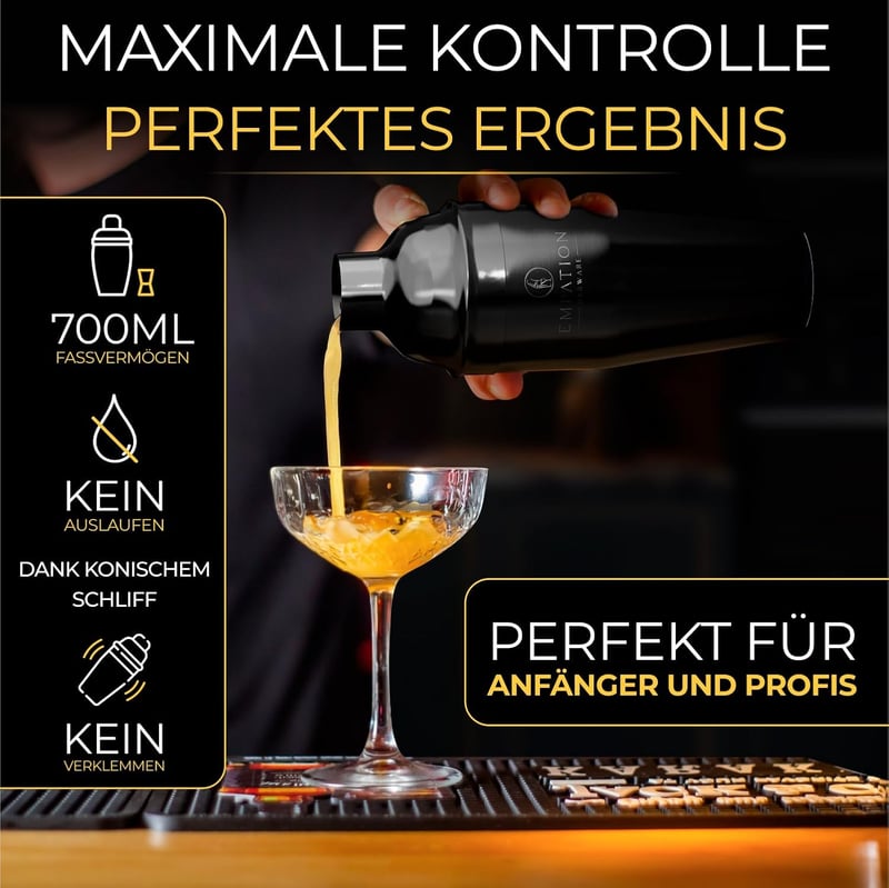 Profi Cocktail Set Schwarz mit 700ml Edelstahl Shaker und Rezeptbuch