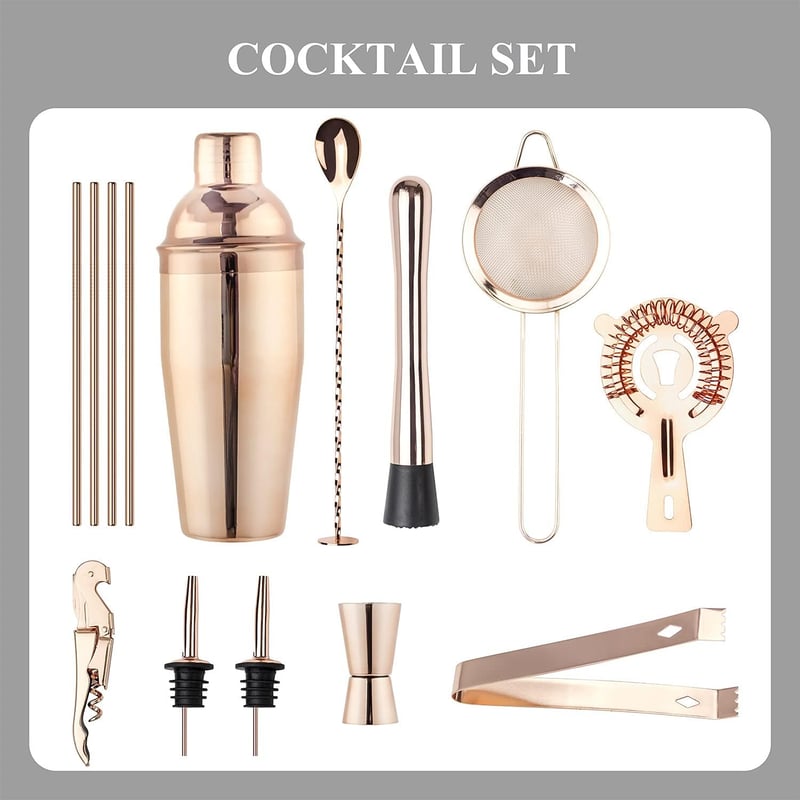 Cocktail-Shaker-Set mit Ständer für die Hausbar (Roségold)