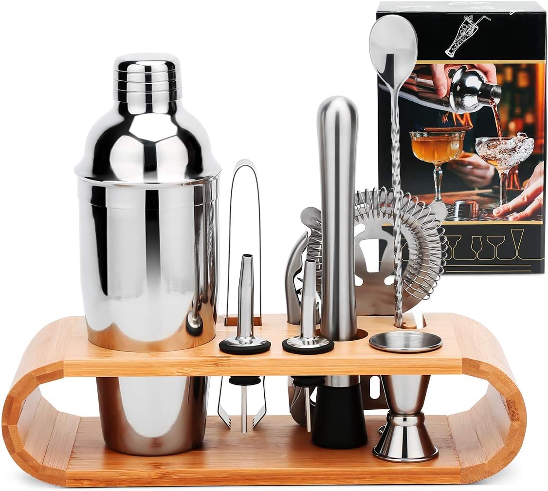 Cocktail-Shaker Set 10-teilig mit Bambus-Standfuß für Hausbar
