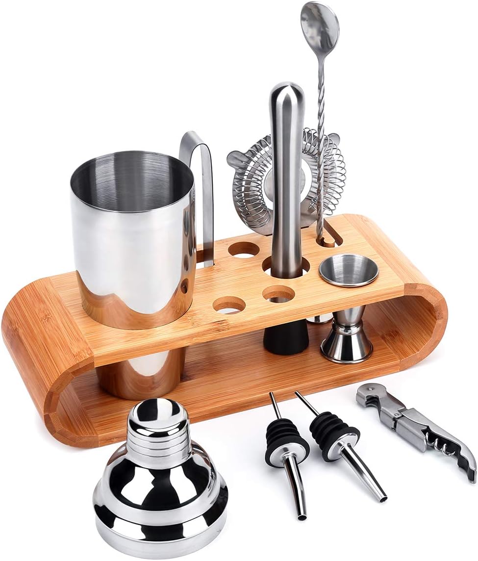 Cocktail-Shaker Set 10-teilig mit Bambus-Standfuß für Hausbar