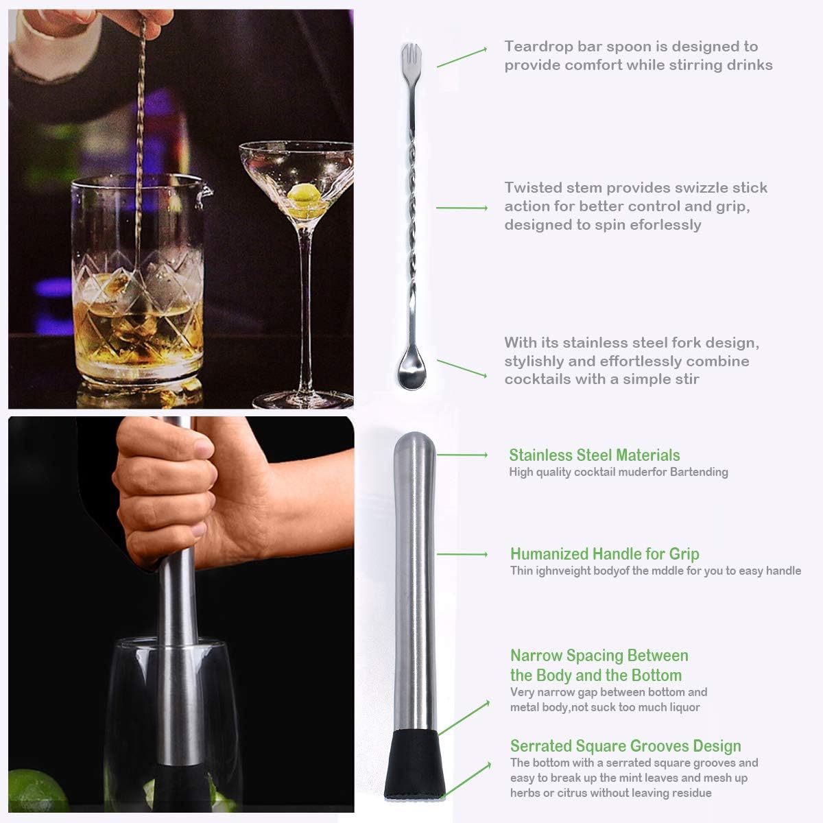 Bar-Set mit Edelstahl-Stößel und Messbecher, 3 Teile