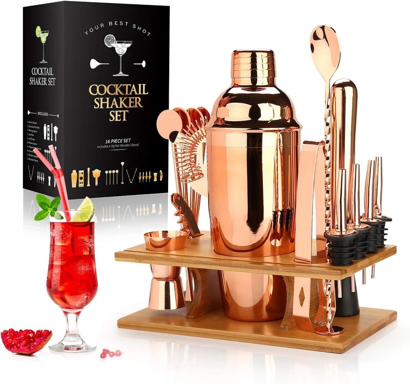 16-teiliges Edelstahl Cocktailset mit Holzständer – ideales Geschenk für Mixer