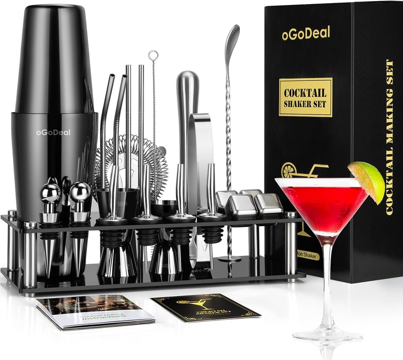 Boston Cocktail Shaker Set 27-teilig mit Ständer – Edelstahl für Barkeeper