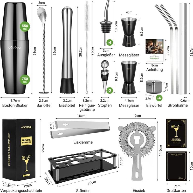 Boston Cocktail Shaker Set 27-teilig mit Ständer – Edelstahl für Barkeeper