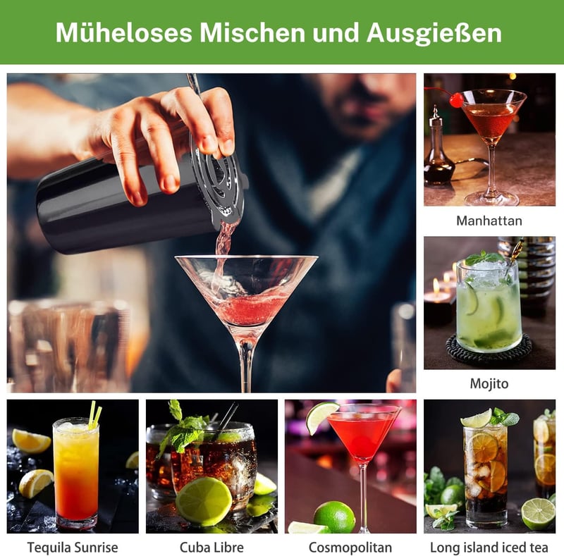 Boston Cocktail Shaker Set 27-teilig mit Ständer – Edelstahl für Barkeeper