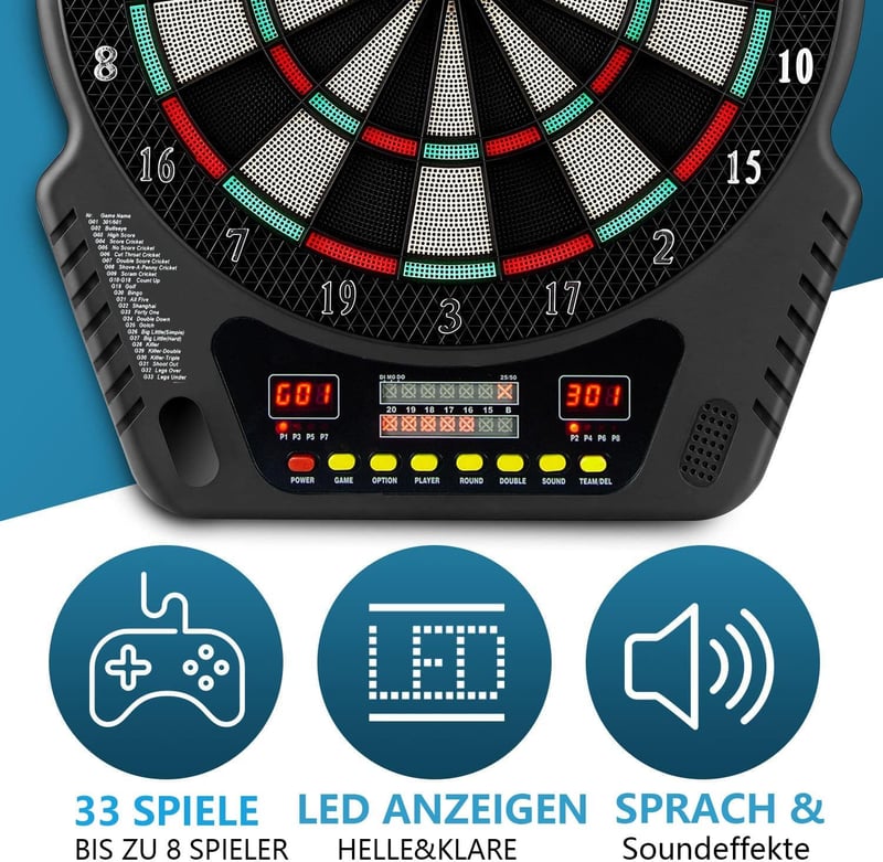 Elektronisches Dartboard für bis zu 8 Spieler – 33 Spiele, Sprachansagen, LED-Bildschirm