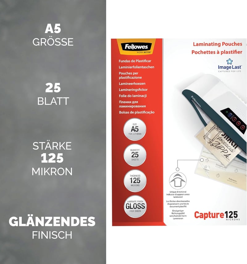 Laminierfolien A5 für Fotos und Infos, 125 Mikron, 25 Stück, transparent
