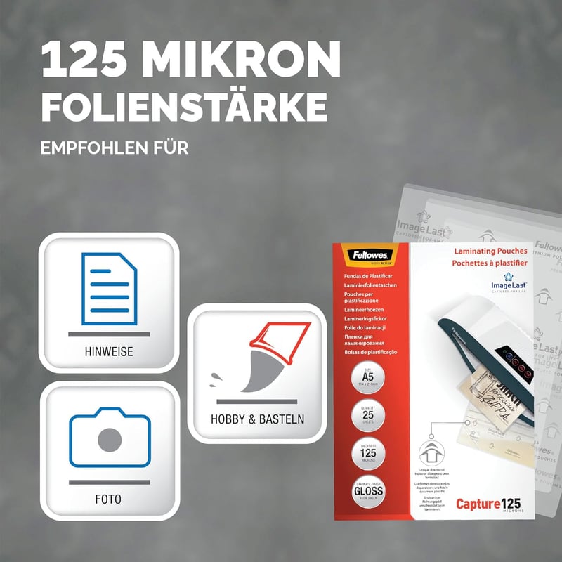 Laminierfolien A5 für Fotos und Infos, 125 Mikron, 25 Stück, transparent
