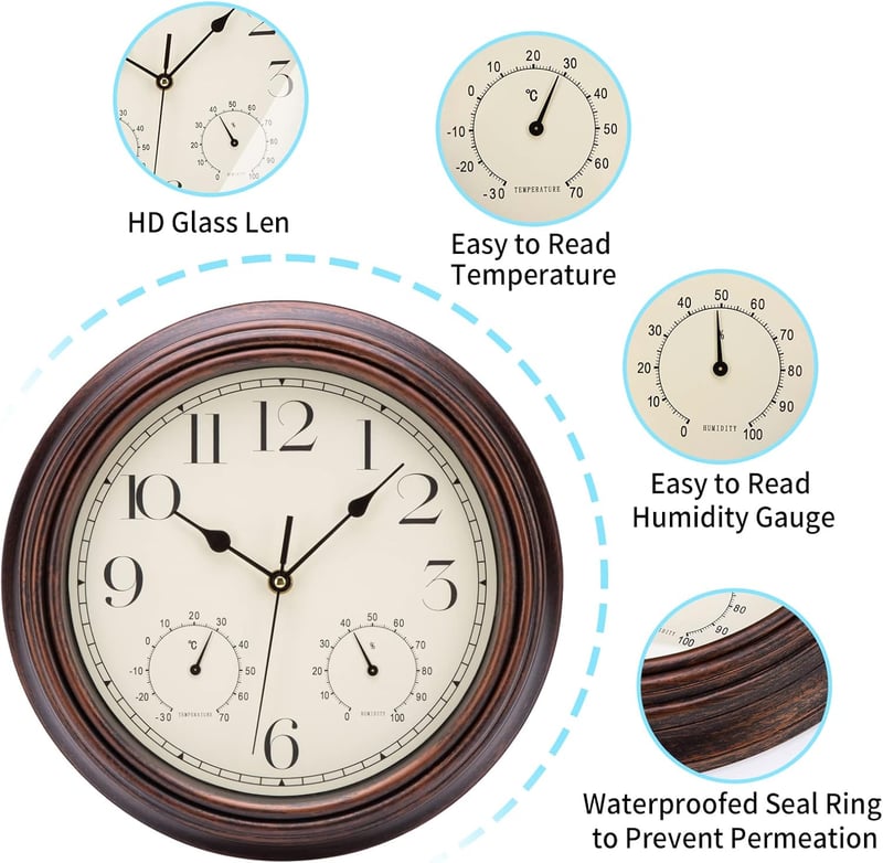 Lautlose Vintage Wanduhr 30cm mit Thermometer & Hygrometer für Zuhause