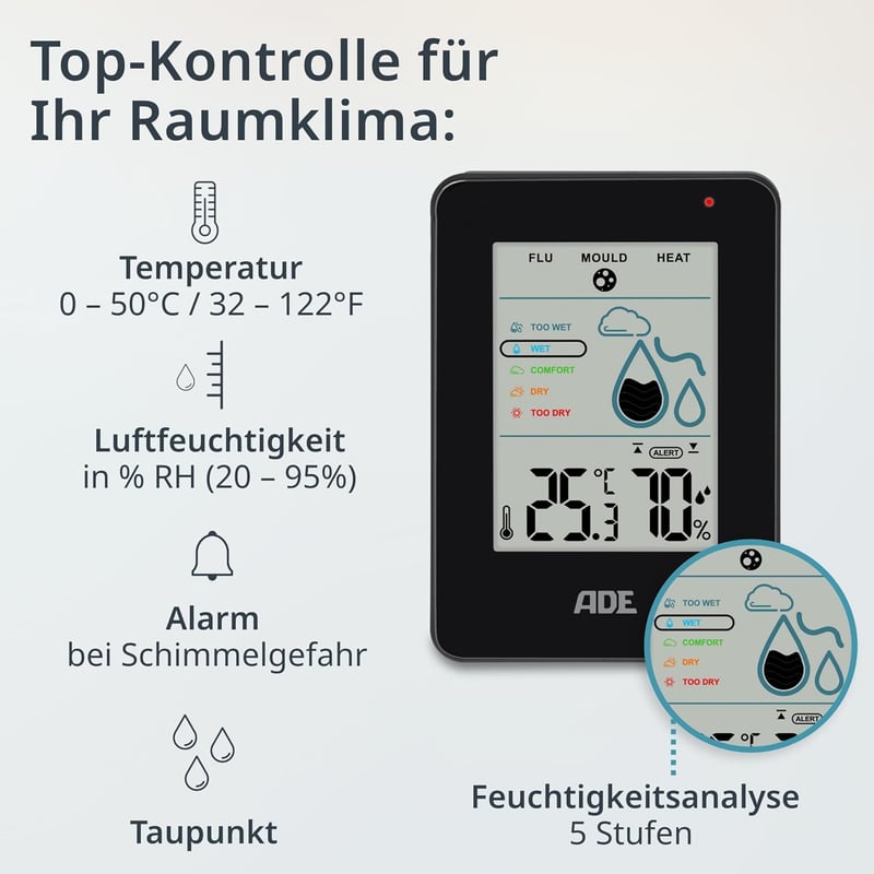 Digitales Hygrometer mit Schimmelalarm und großem LCD-Display, schwarz