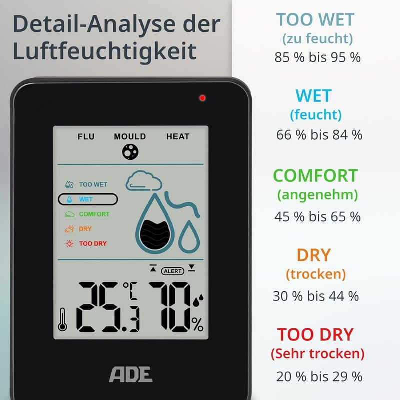 Digitales Hygrometer mit Schimmelalarm und großem LCD-Display, schwarz