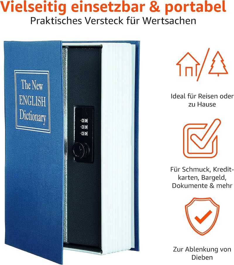 Buch-Safe Blau mit Kombinationsschloss – 5,6 x 15,5 x 23,9 cm