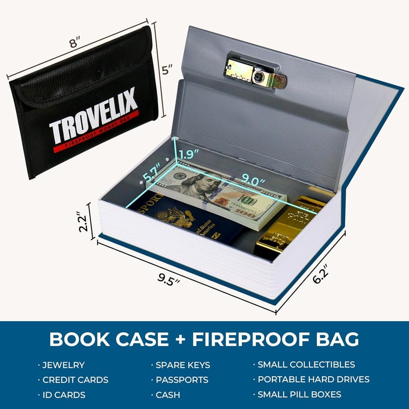 Buchsafe mit Zahlenschloss und feuerfester Tasche, 24 x 15 x 5,5 cm