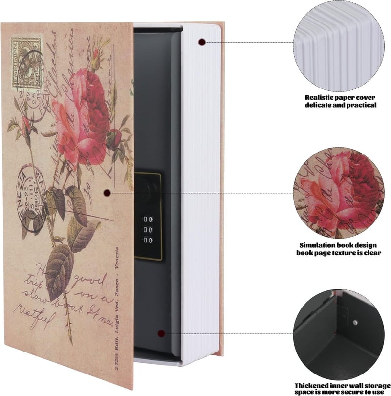 Buchsafe mit Zahlenschloss im Rosentagebuch-Stil für wertvolle Gegenstände