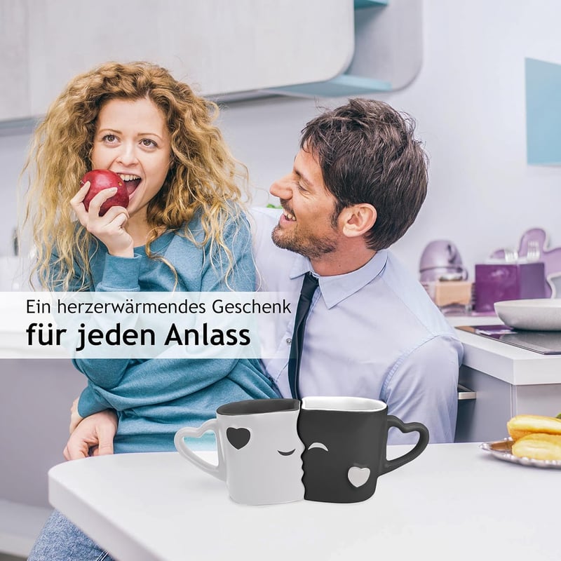 Küssende Keramiktassen für Paare – Hochzeitsgeschenk in Grau