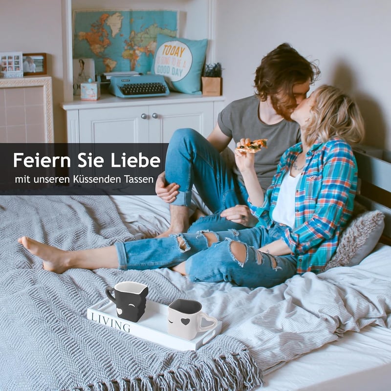 Küssende Keramiktassen für Paare – Hochzeitsgeschenk in Grau