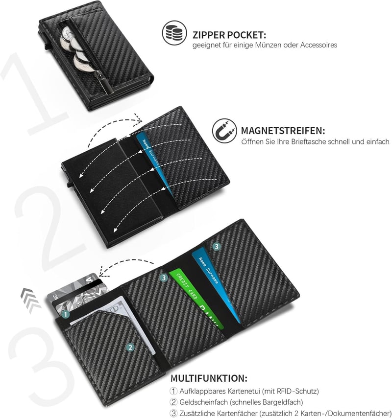 Slim Wallet Herren mit Münzfach und RFID Schutz – Carbon Schwarz