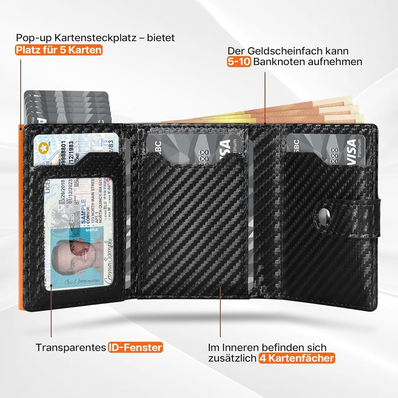 Stilvolle Herren Geldbörse aus Kohlefaserleder mit RFID-Schutz, schwarz-orange