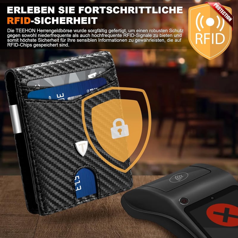 Slim Wallet aus Kohlefaserleder für Herren mit RFID-Schutz und 11 Karten