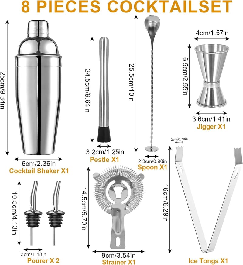 Edelstahl Cocktail Shaker Set 750 ML – 8-teilig für Zuhause und Partys