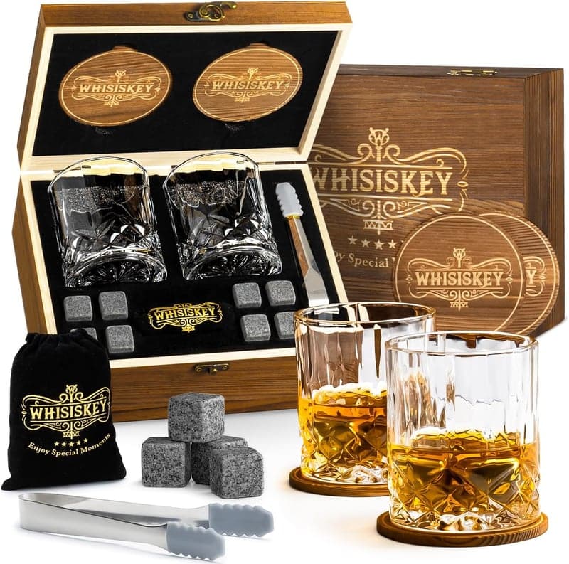 Whisky Geschenkset für Männer – 2 Gläser mit 8 Steinen, 310ml