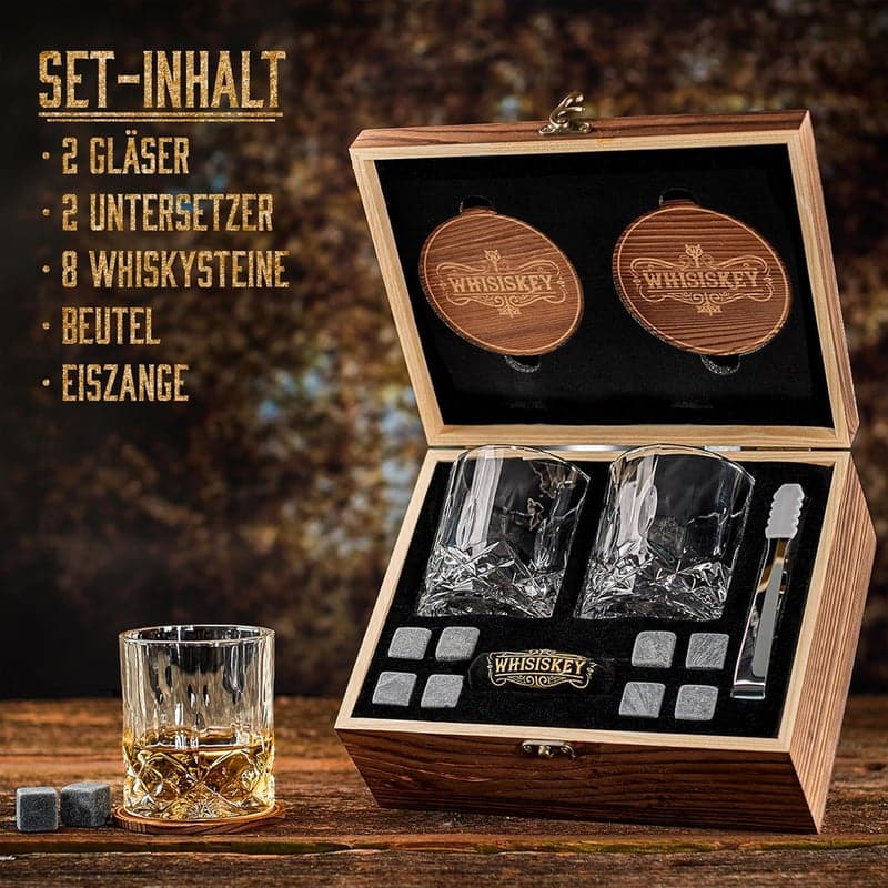Whiskey Geschenkset mit 2 Gläsern und 8 Steinen für Männer