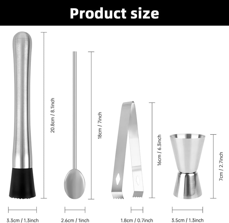 Edelstahl Cocktailstößel-Set mit Löffel und Messbecher für Barzubehör