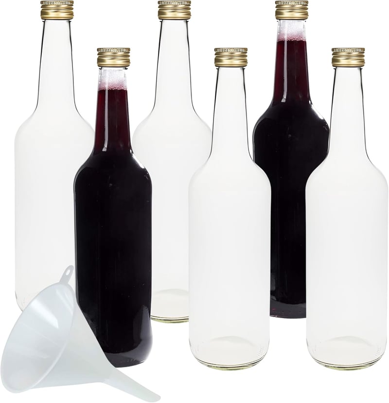 6er Set 750 ml Glasflaschen mit goldfarbenem Schraubverschluss inkl. Trichter