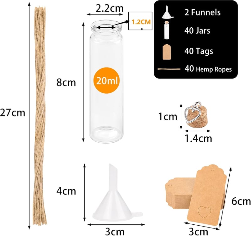 Hochzeits-Gastgeschenke: 40 Mini-Glasfläschchen mit Korken und Herz-Etiketten